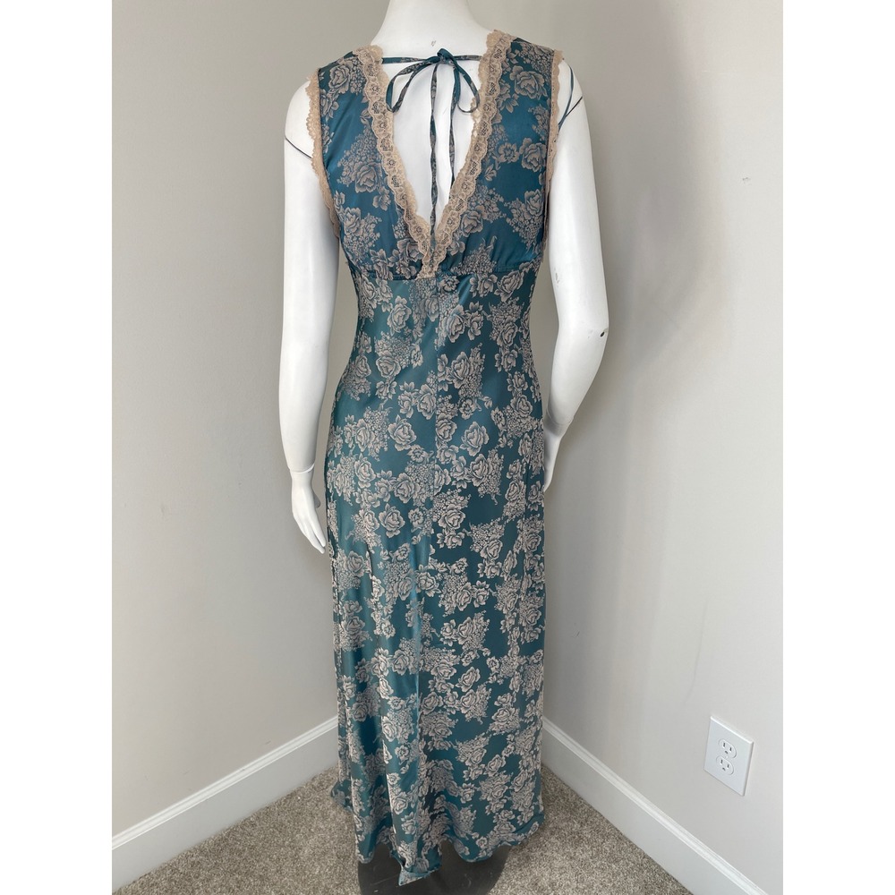 Teal Floral Satin Maxi Slip Dress Lace Trim M Y2K Whimsigoth Fairycore Ethereal - Picture 5 of 10